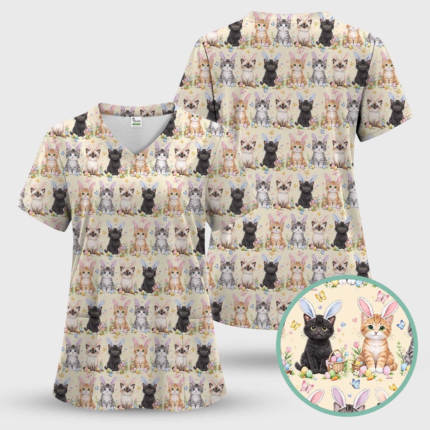 Easter Kitten Bunny Ears Pattern Scrub Top, Comfortable Scrubs for Nurses