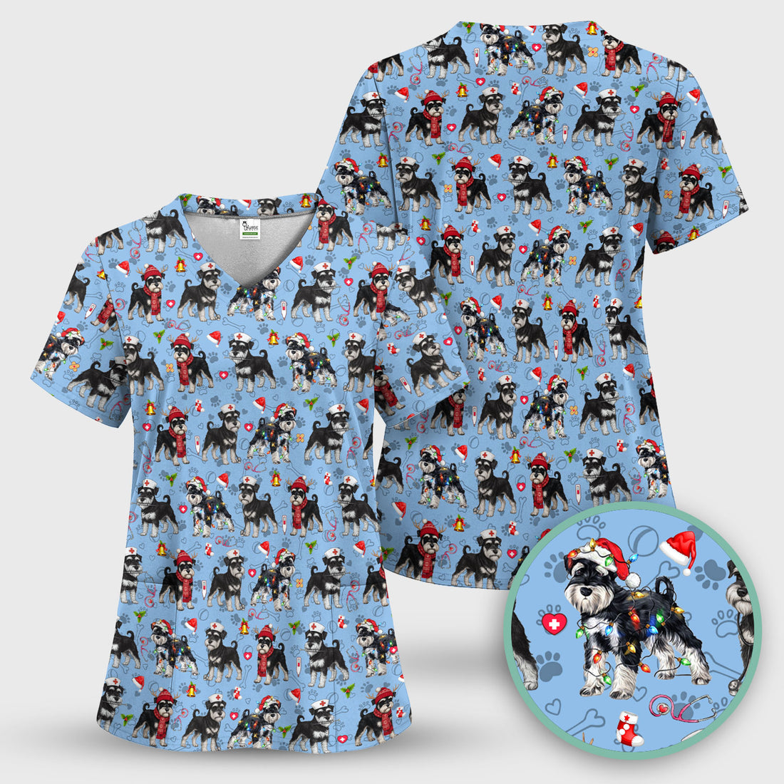 Christmas Schnauzer Scrubs for Nurses - Cute Dog Holiday Scrub Top - Funny Santa Nursing Medical Shirt for Women