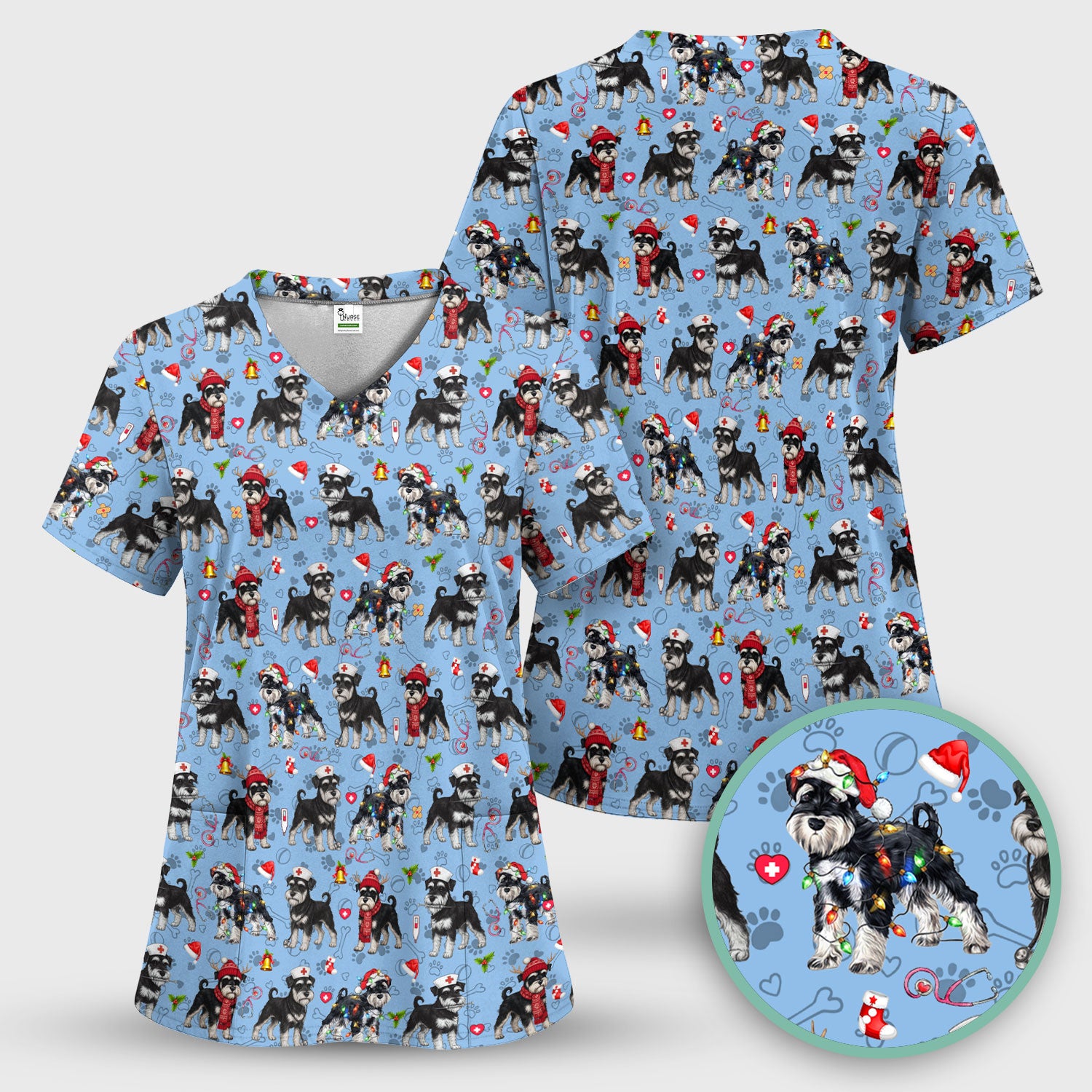 Christmas Schnauzer Scrubs for Nurses - Cute Dog Holiday Scrub Top - Funny Santa Nursing Medical Shirt for Women
