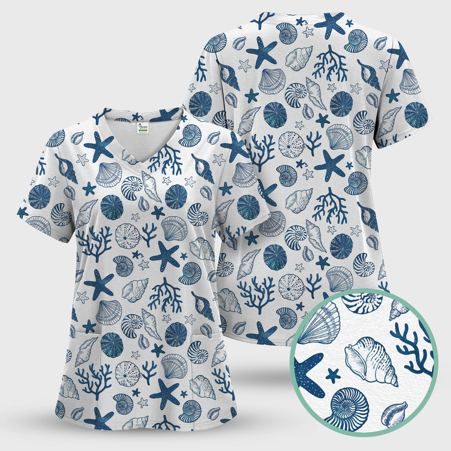 Cute Ocean Shell Starfish Pattern Scrub Top, Comfortable Scrubs for Nurses