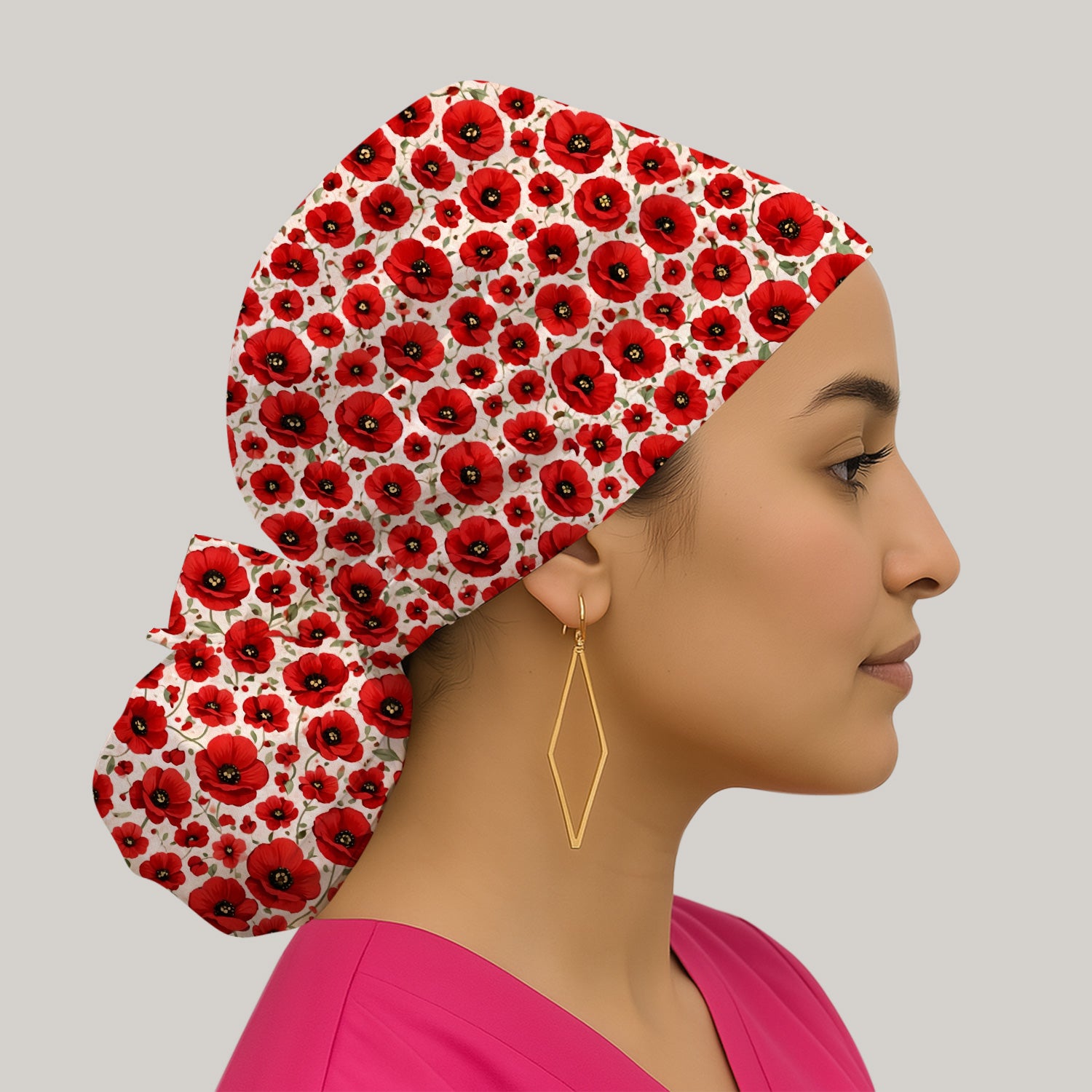 Pretty Red Poppy Flower Garden Pattern Nurse Scrub Cap, Surgical Caps for Doctors