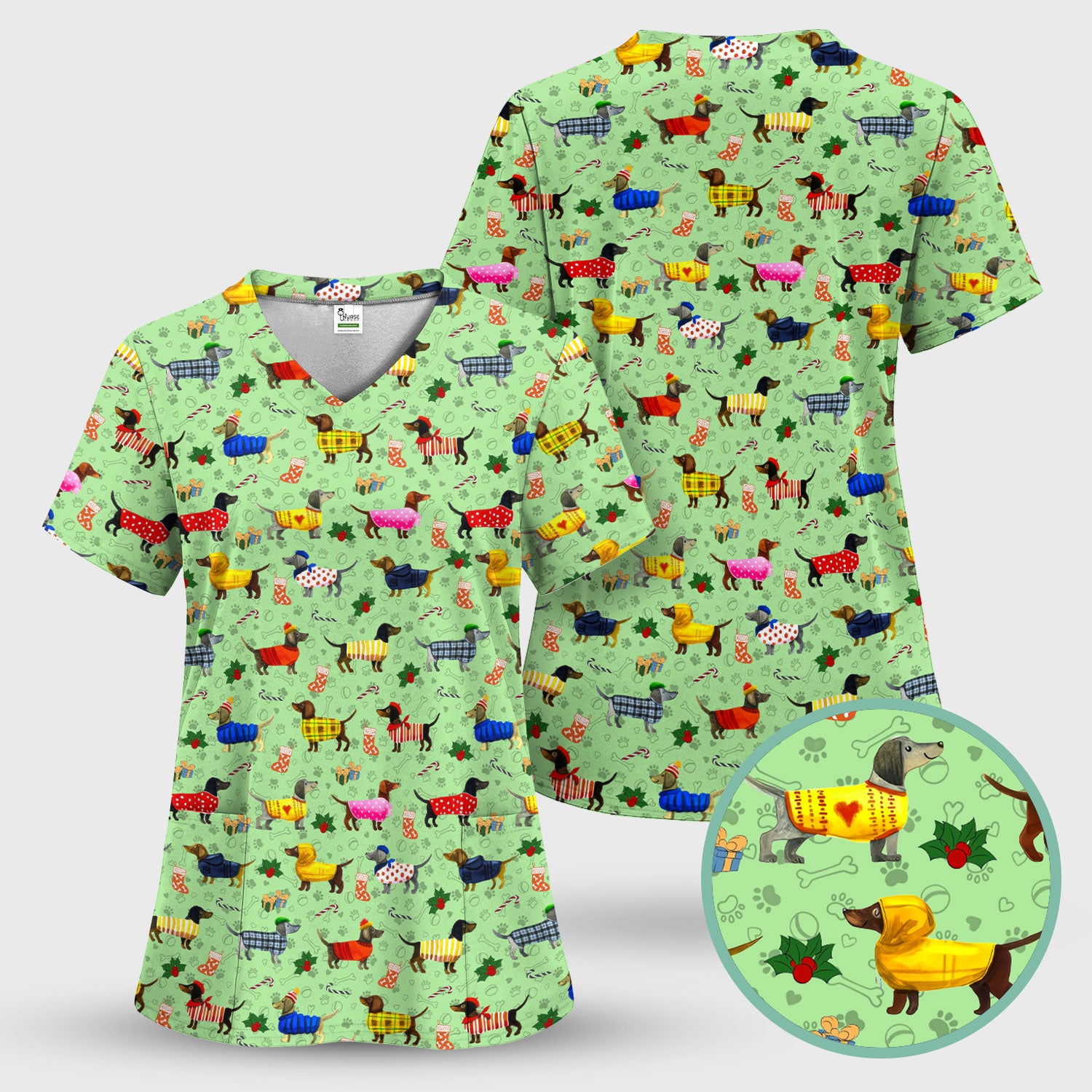 Dachshund Women Scrub Top - Funny Wiener Dog Paw Prints Nurse Uniform - Pet Lover Shirt for Nurses Doctors - Christmas Gift for Her