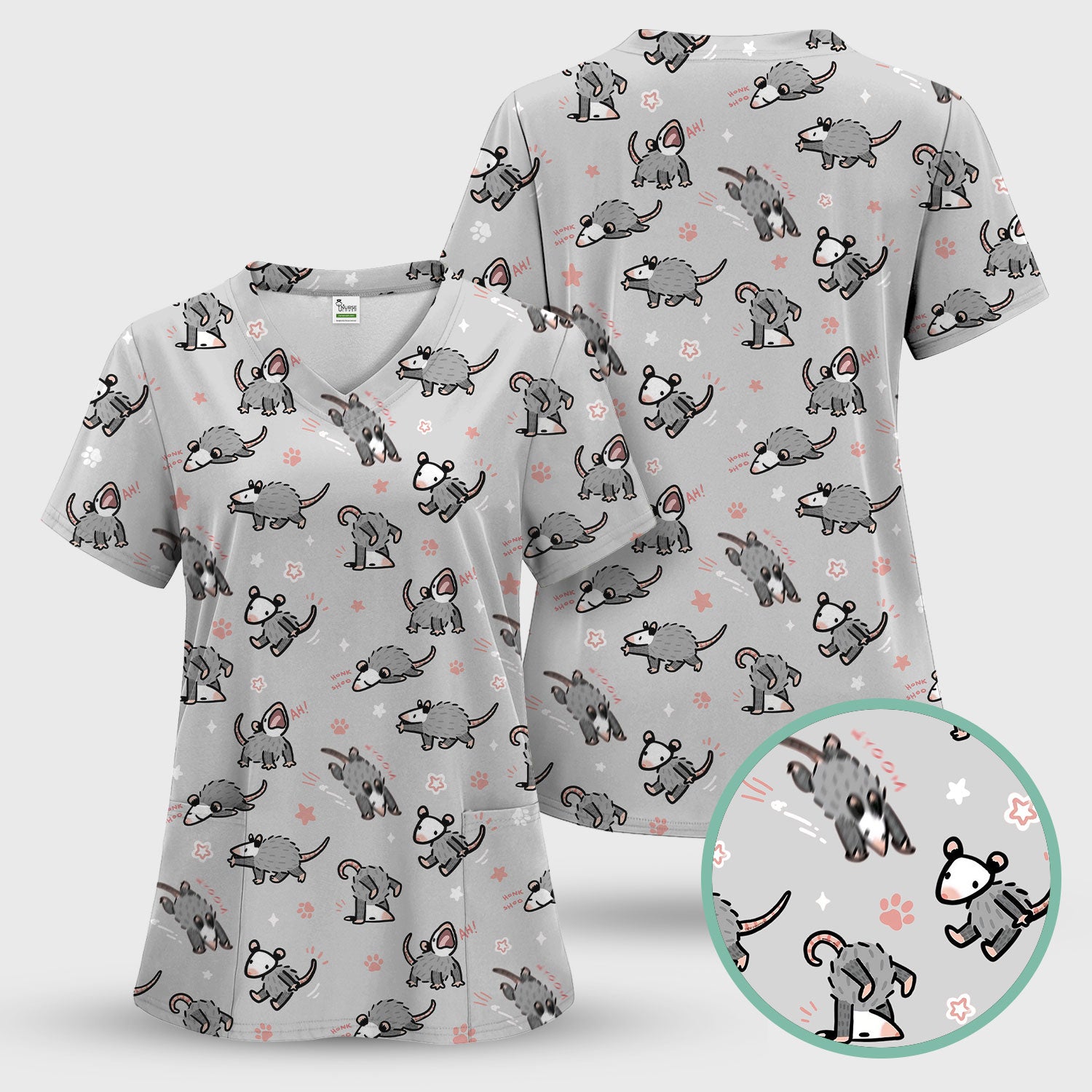Playful Cartoon Opossum Character Pattern Scrub Top, Breathable Fabrics Nursing Uniform