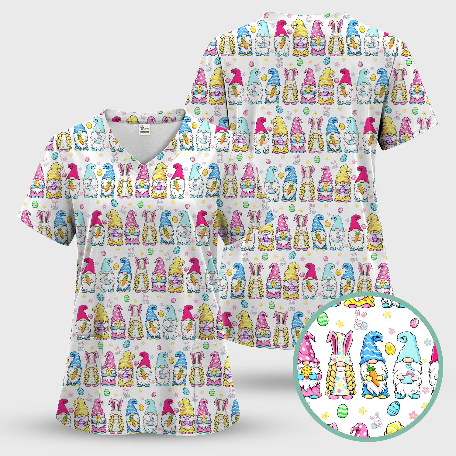 Colorful Easter Gnome Bunny Eggs Pattern Scrub Set, Women's Scrub Sets