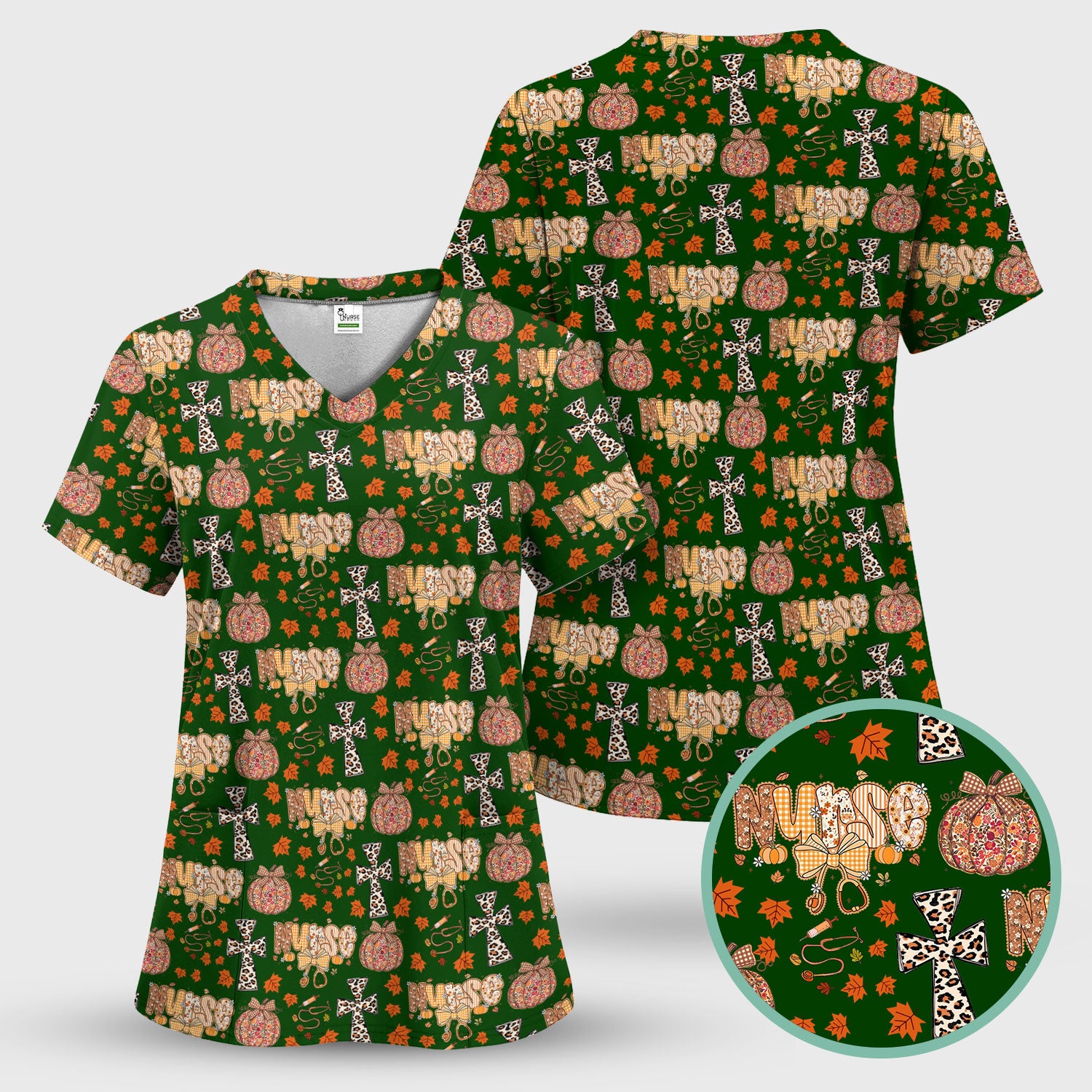 Floral Pumpkin Scrub Top for Women - Coquette Bow Thanksgiving Shirt - Comfortable Medical Uniform