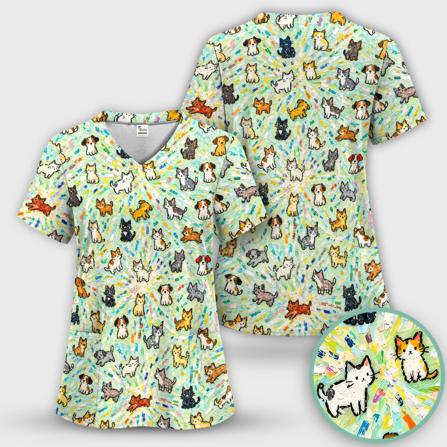 Colorful Cats Dogs Doodle Pattern Scrub Top, Comfortable Scrubs for Nurses