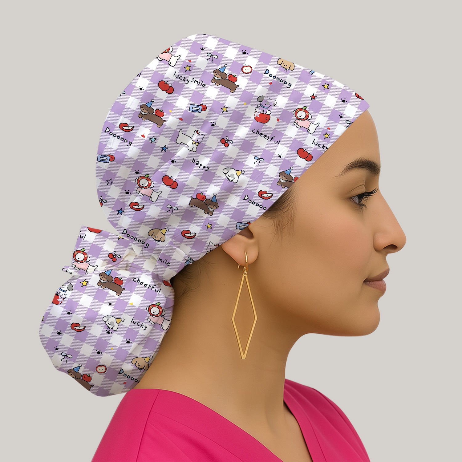 Cute Nurse Cartoon Puppy Apple Gingham Scrub Cap, Surgical Caps for Doctors