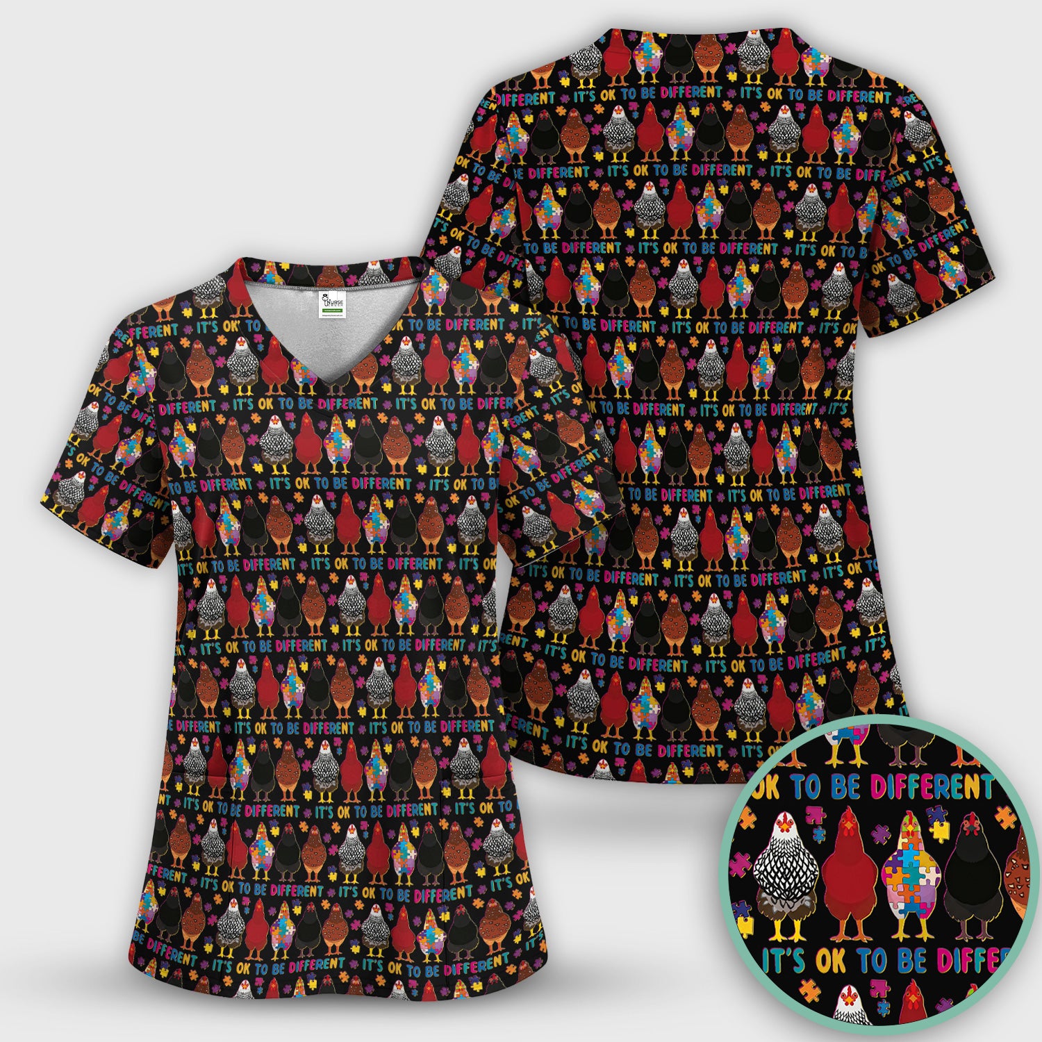 Autism Chicken It’s OK to Be Different Print Scrub Top, Comfortable Scrubs for Nurses