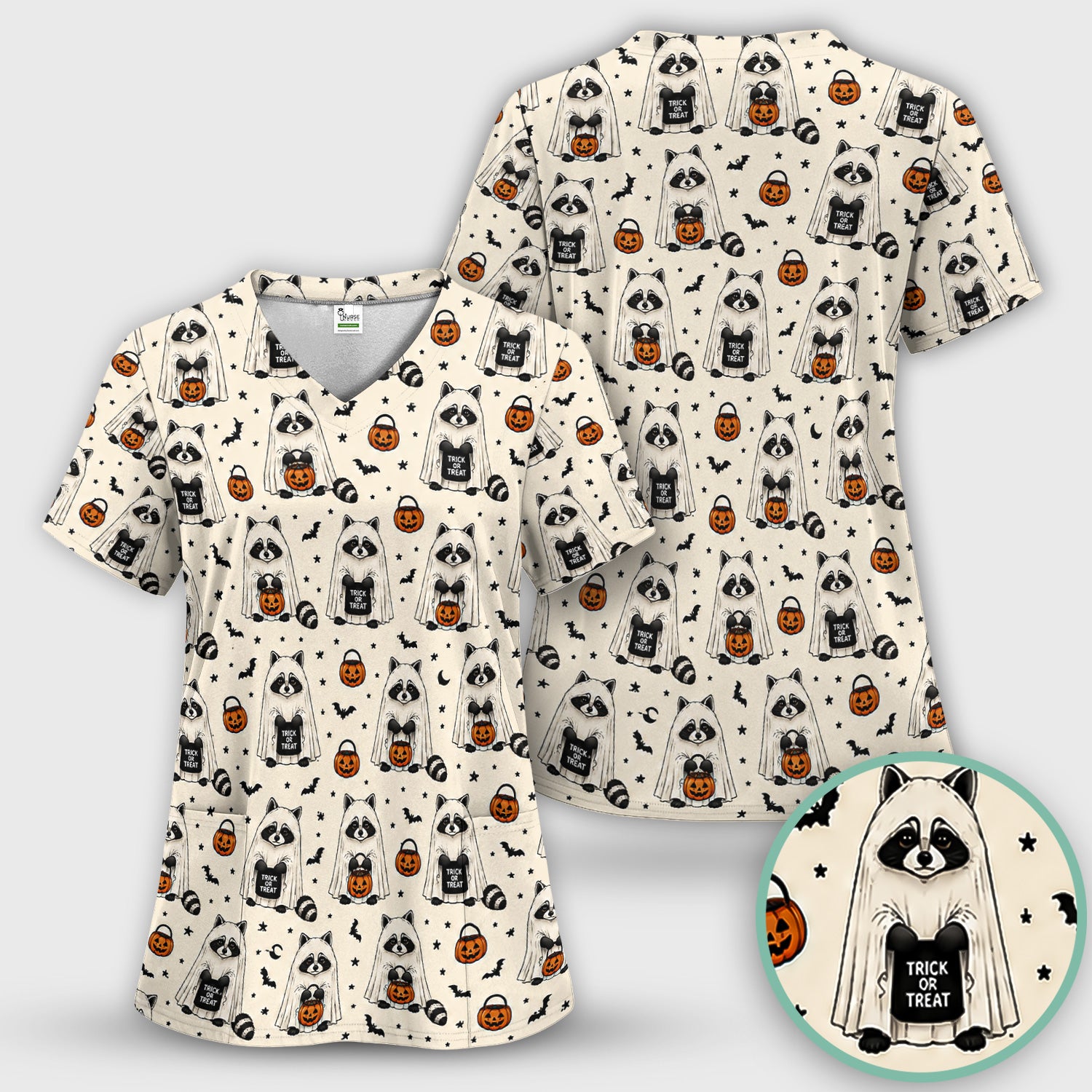 Cute Halloween Ghost Raccoon Scrub Top, Comfortable Scrubs for Nurses