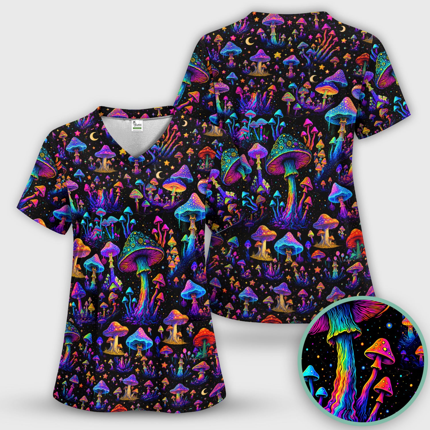 Neon Fantasy Mushroom Print Scrub Top, Comfortable Scrubs for Nurses