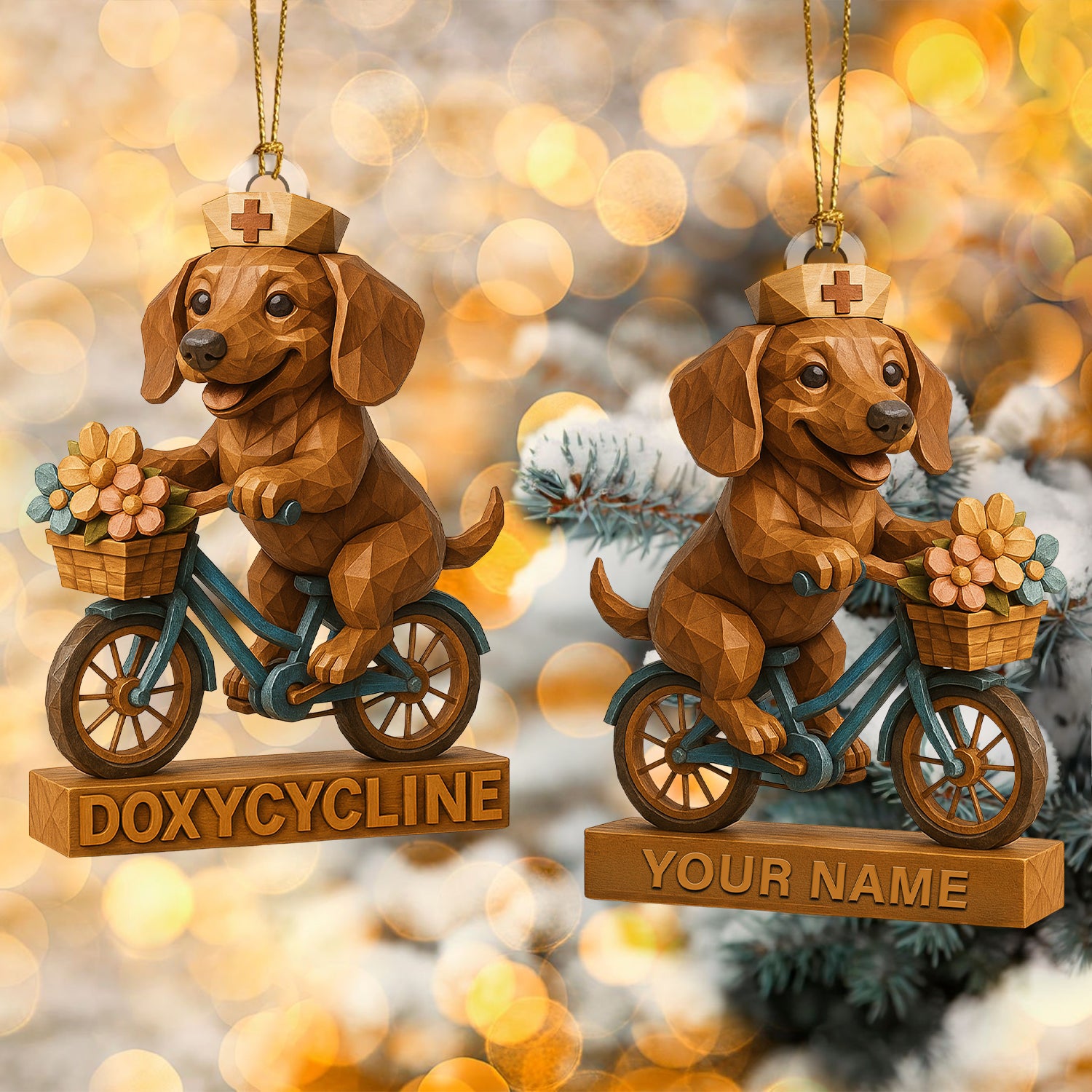 Personalized Dog Cycling Christmas Decor, Custom Name Dachshund Nurse Ornament, Nursing Gift For Dog Lovers