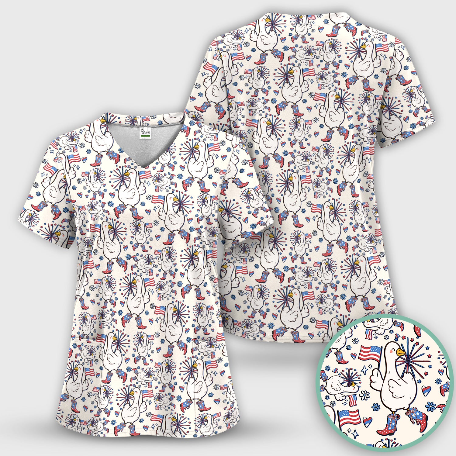 Patriotic Goose With USA Flag Fireworks Scrub Set, Breathable Fabrics Nursing Uniform