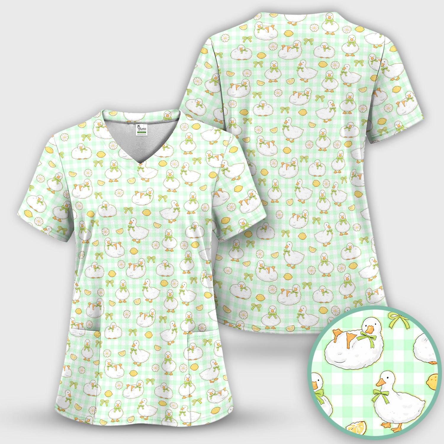 Adorable Ducks Lemon Daisy Pattern Scrubs Top, Comfortable Scrubs for Nurses