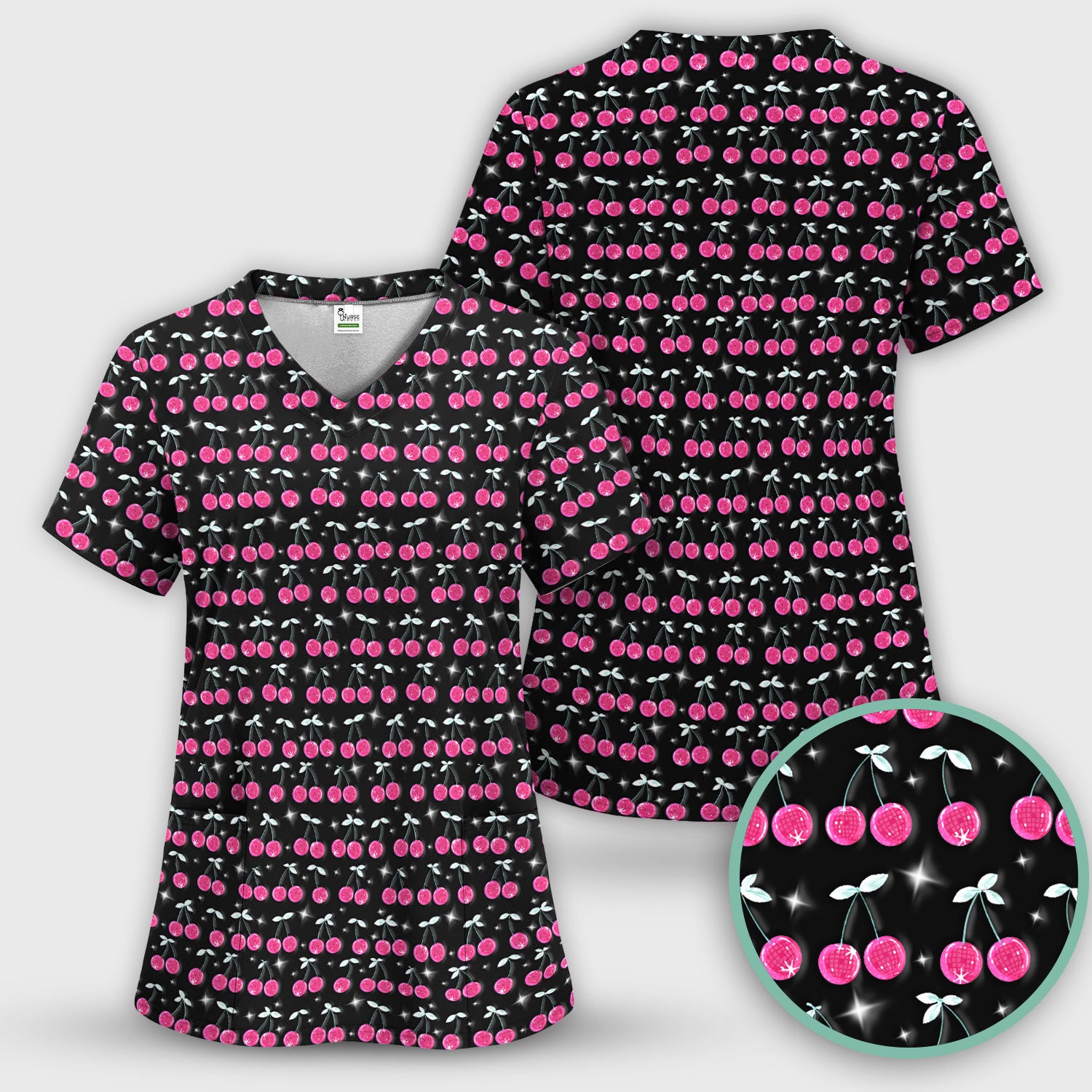 Pink Cherry Sparkle Print Scrub Top, Comfortable Scrubs for Nurses