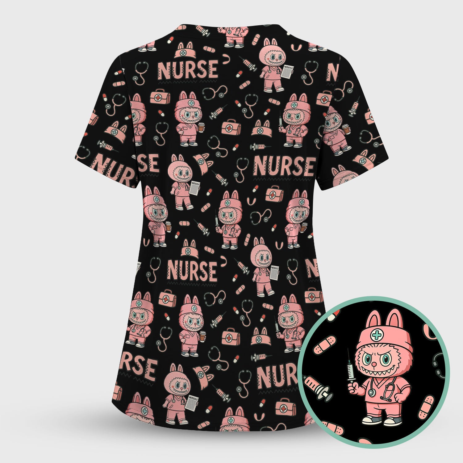 Bunny Cartoon Nurse Scrub Shirt  Cute Medical Top for Women CNA RN Doctor - Fun Scrubs Gift Idea for Nurses, Students, Holiday Season