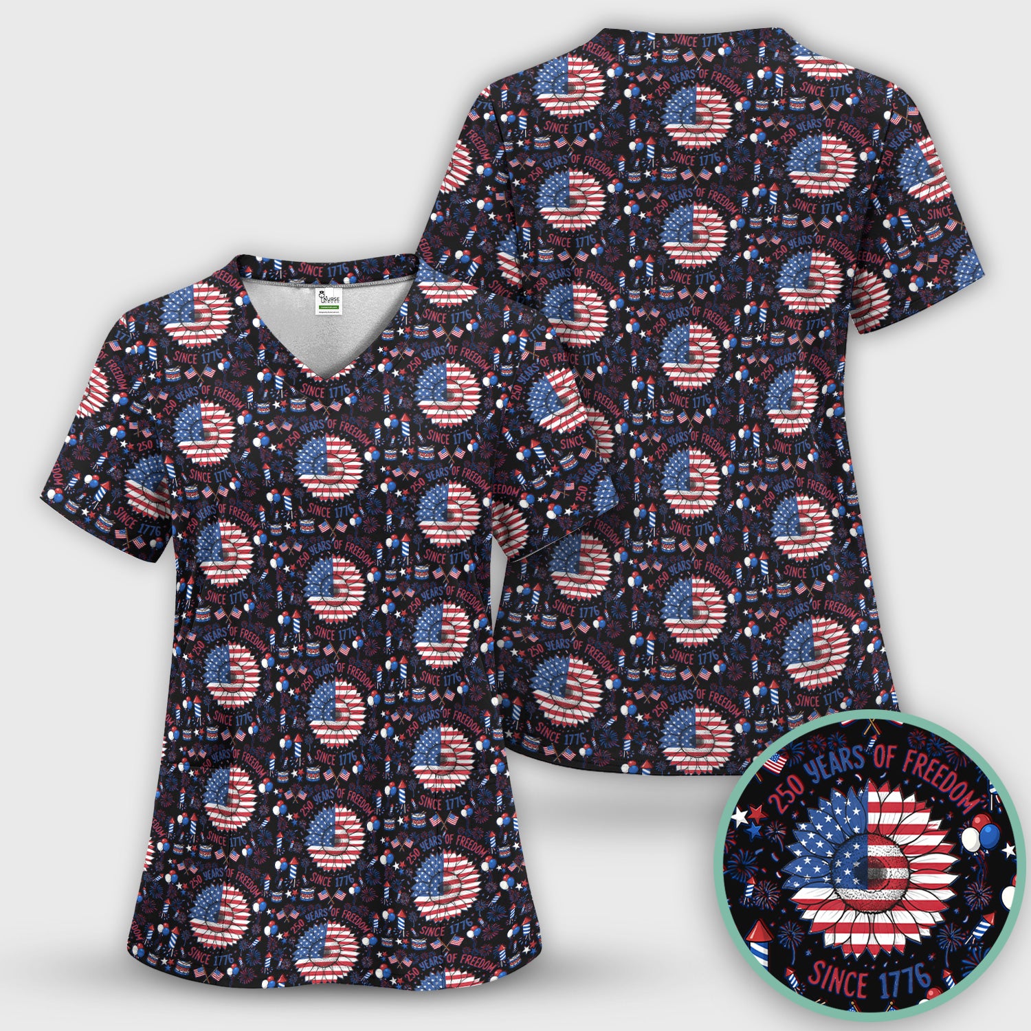 Festive Patriotic Sunflower American Flag Fireworks Pattern Scrub Set, Breathable Med Uniform
