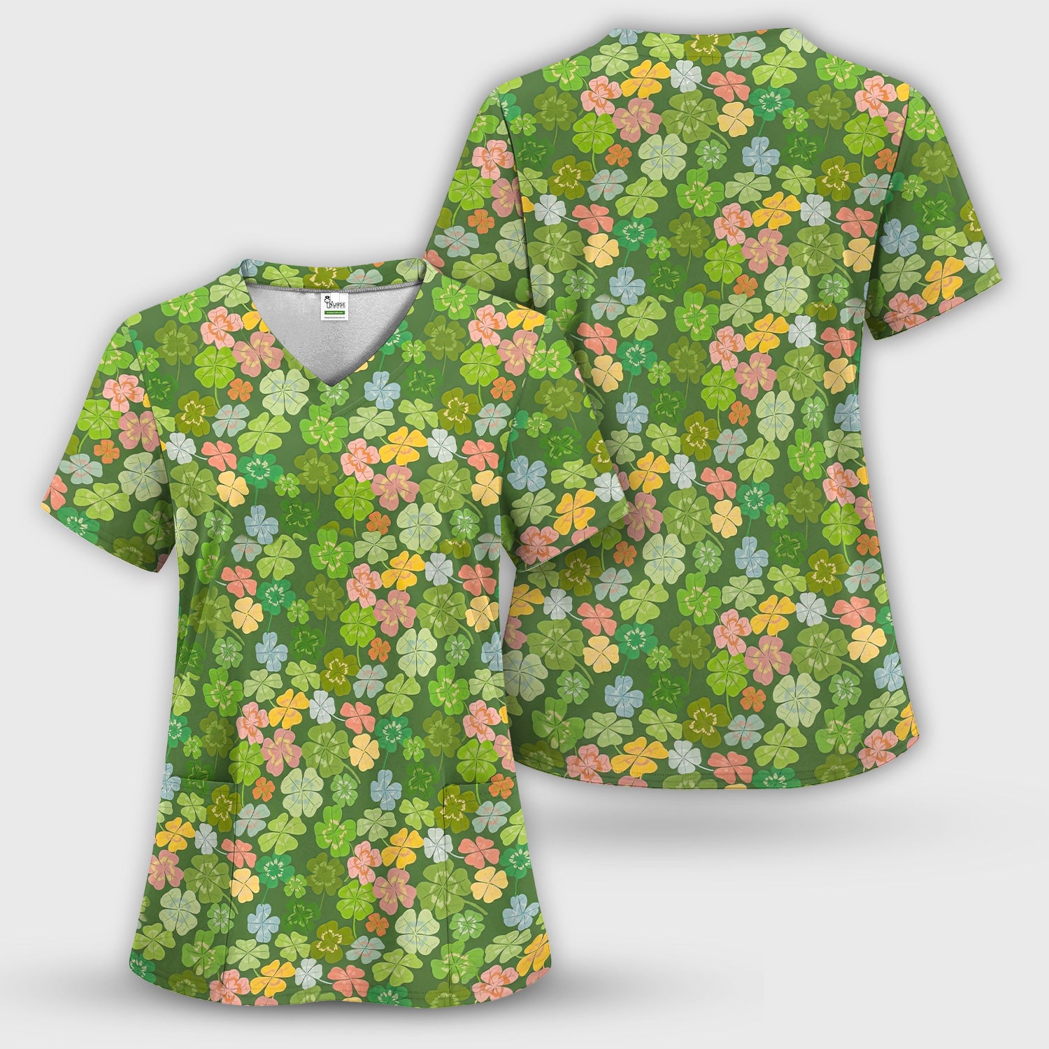 Colorful Shamrock Clover Pattern Scrubs Top, Comfortable Scrubs for Nurses