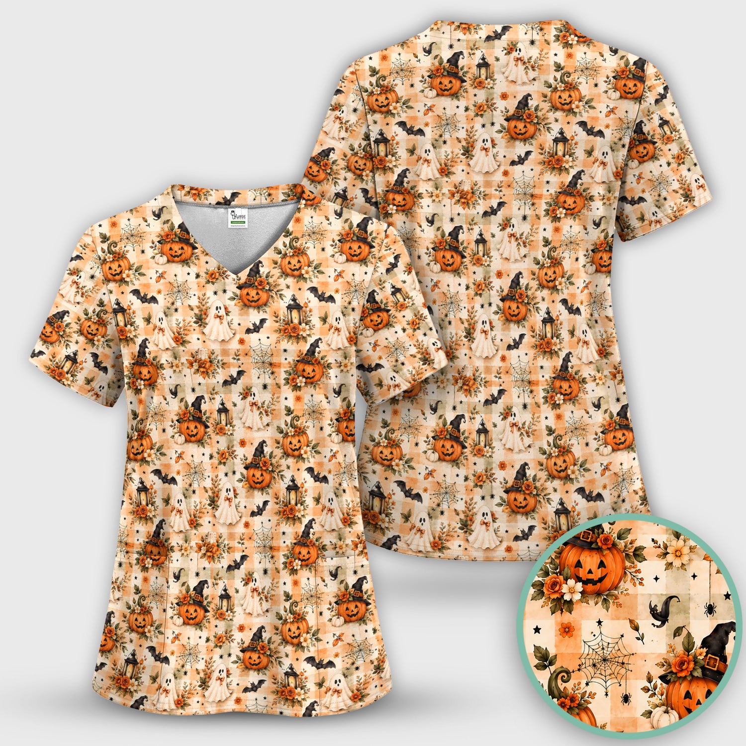 Vintage Halloween Pumpkin And Ghost Scrub Set, Scrub Pants and V Neck Top