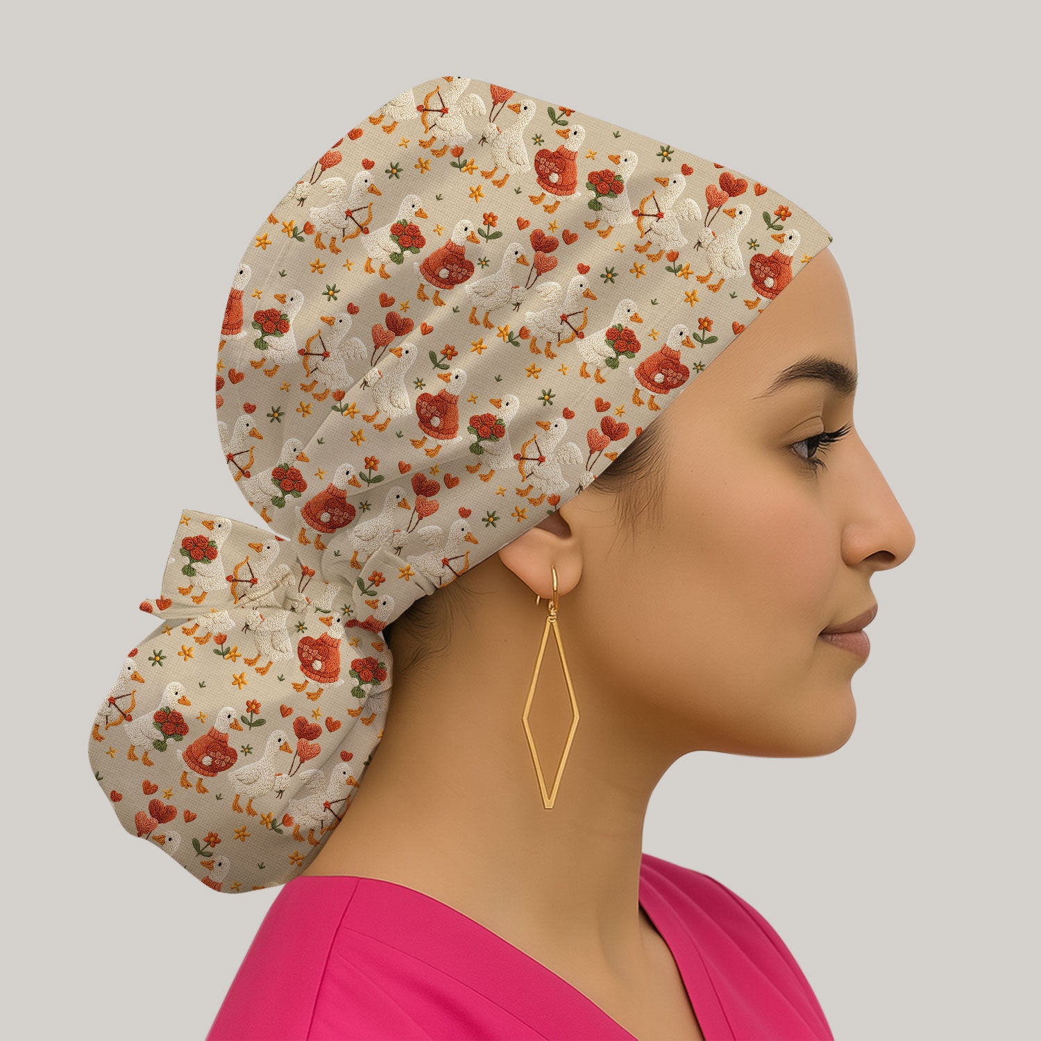Cute Goose Nurse Scrub Cap, Valentine Farm Medical Pattern Hat, Breathable Fabrics Nursing Uniform