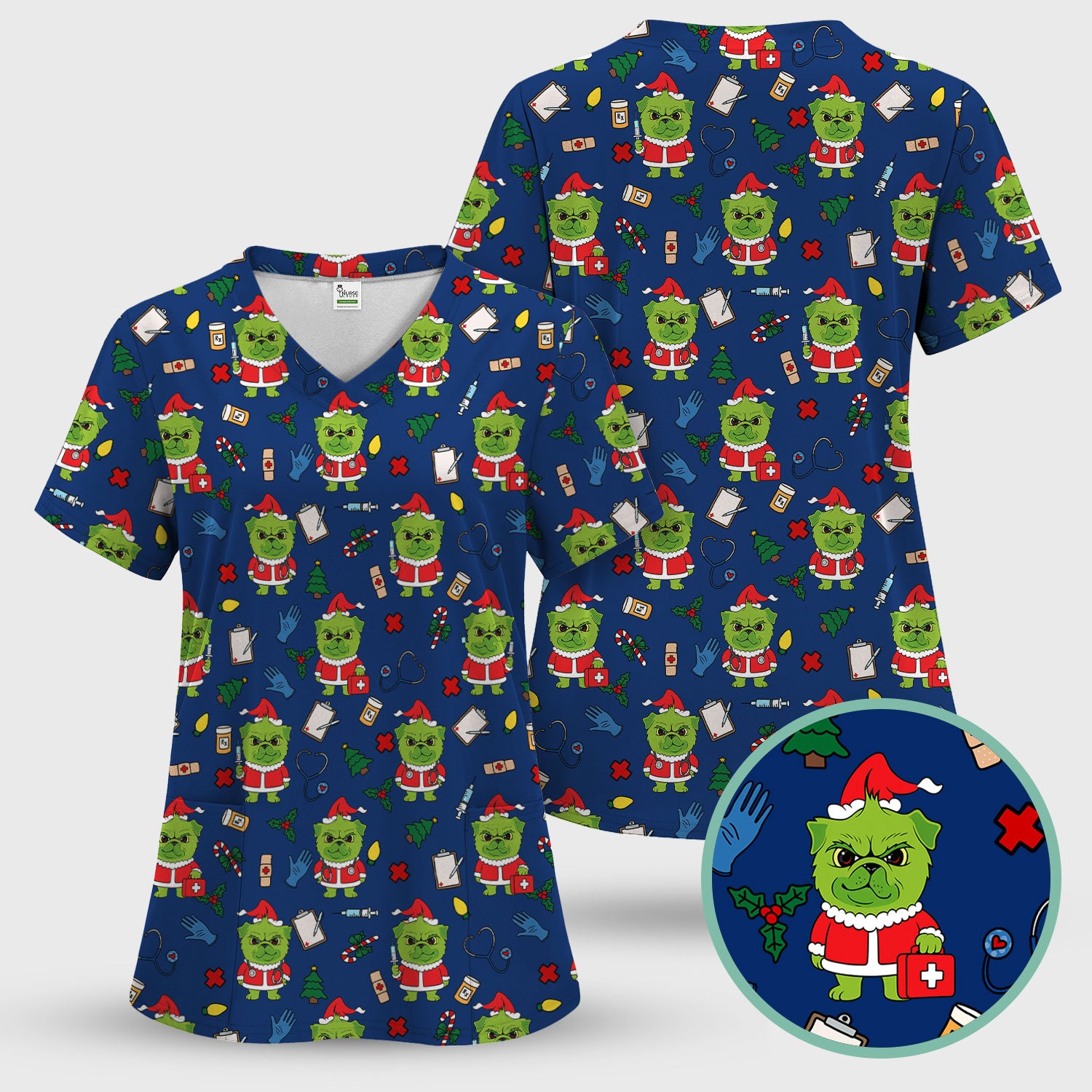 Funny Nurse Christmas Scrubs Set - Grumpy Dog Pattern with Medical Tools - Festive Holiday Scrub Top and Pants for Women