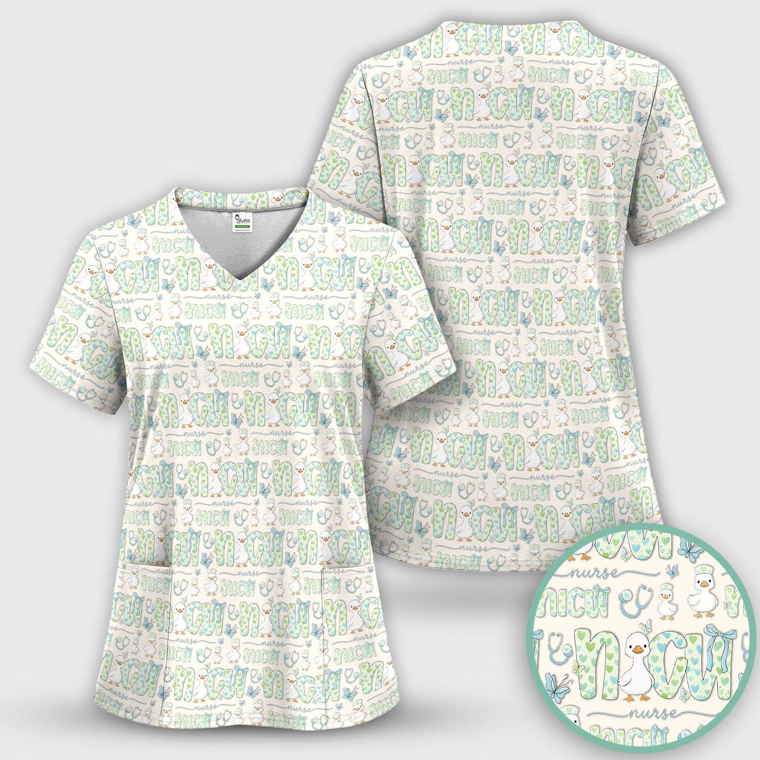 NICU Nurse Duck Pattern Scrub Set, Scrub Pants and V Neck Top