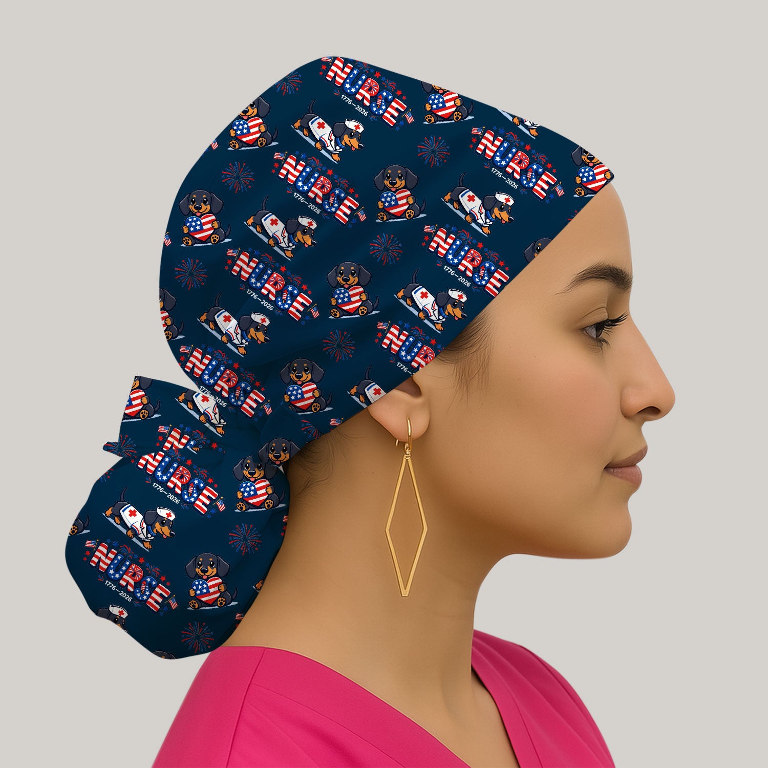 Proud Nurse Patriotic Dachshund Medical Firework Pattern Cap, Bouffant Scrub Caps for Women