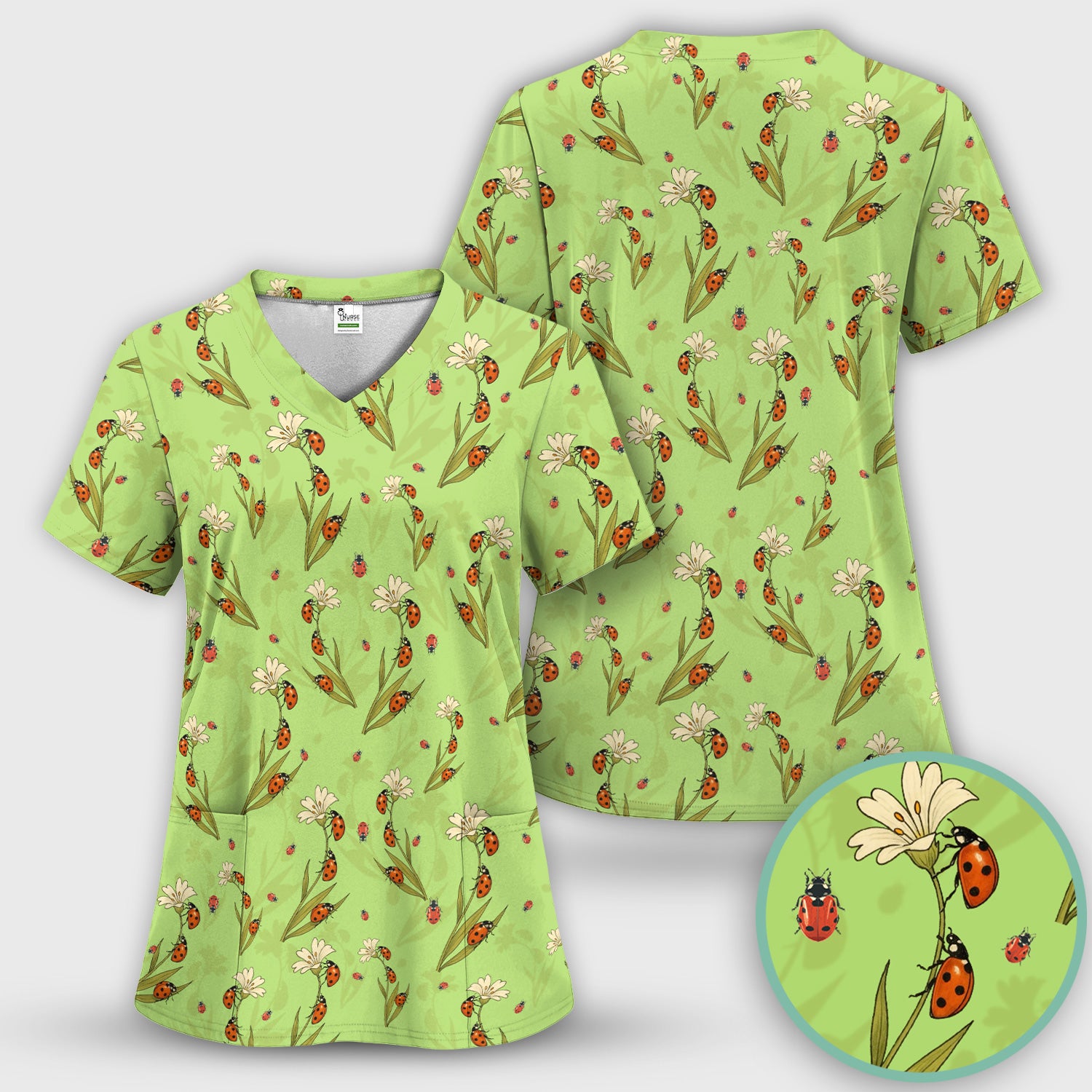 Fresh Daisy Ladybug Garden Pattern Scrub Top, Comfortable Scrubs For Nurses