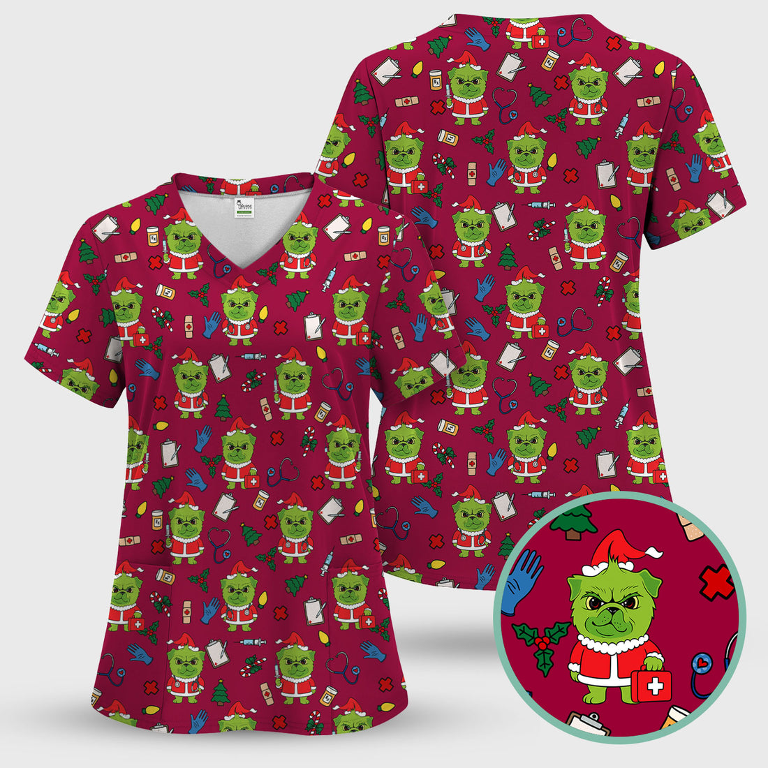 Dog Christmas Scrub Top - Funny Grinchy Puppy and Medical Icons Pattern - Cute Holiday Scrubs Perfect for Nurses