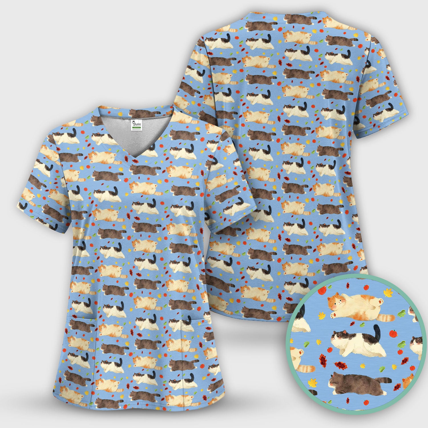 Chubby Cat Autumn Leaves Print Scrub Top, Breathable Fabrics Nursing Uniform
