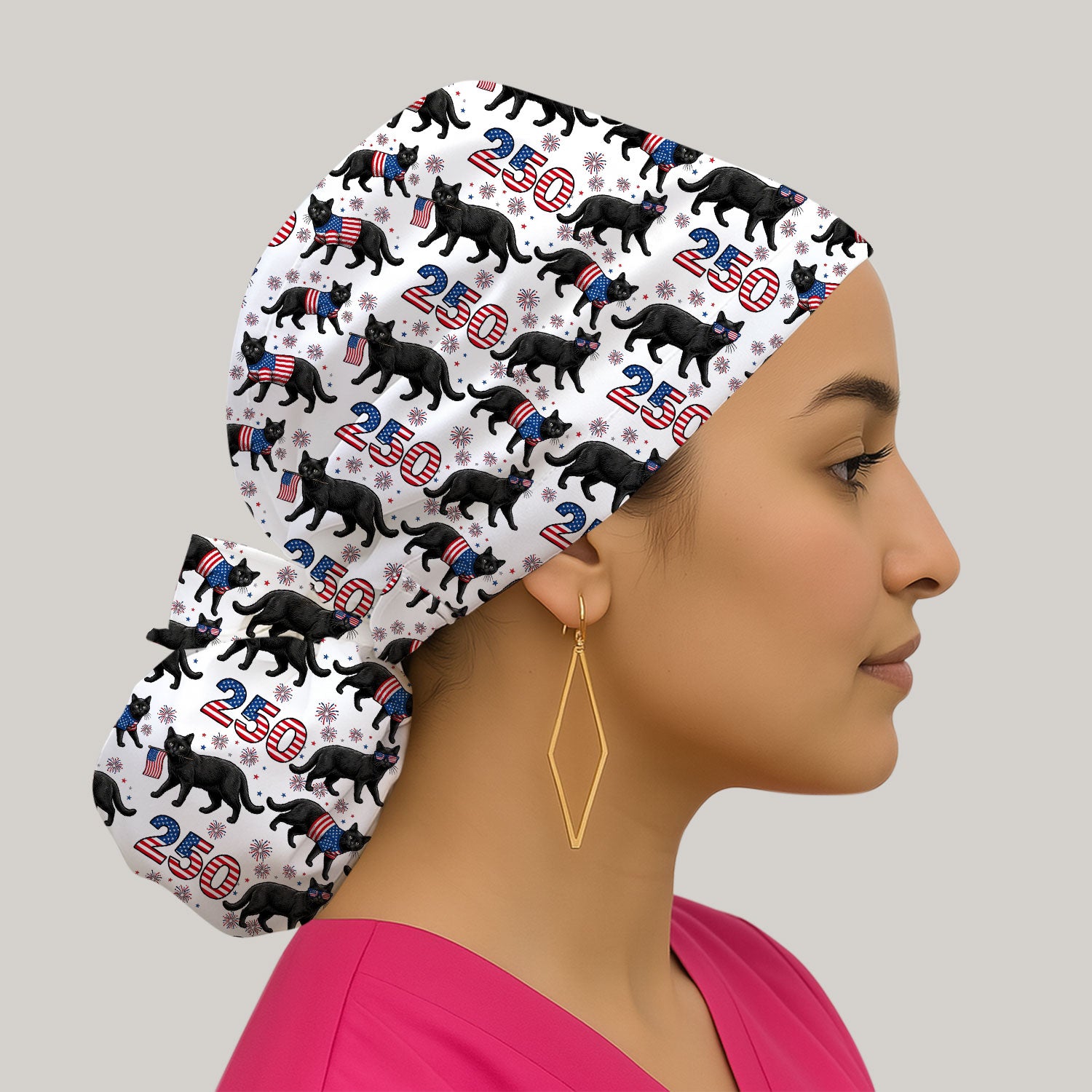 Black Cat 250 USA Flag Fireworks Pattern Caps, Bouffant Scrub Caps for Women