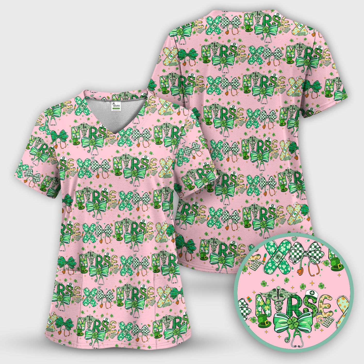 St. Patrick’s Nurse Scrub Top, Lucky Clover And Green Bow Pattern Nurse Shirt, Breathable Fabrics Nursing Uniform