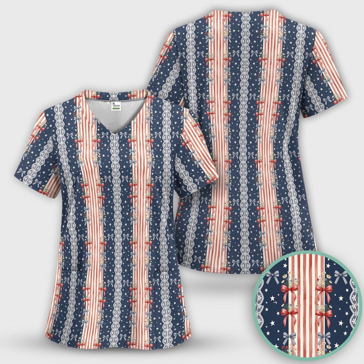 Patriotic Bow Lace Stripe Pattern Scrub Set, Scrub Pants and V Neck Top