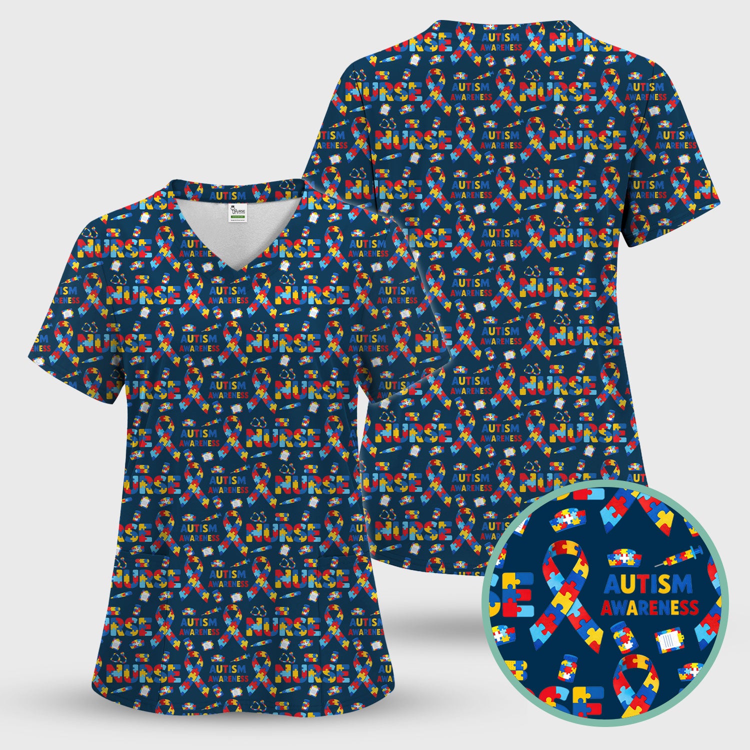 Autism Awareness Nurse Puzzle Ribbon Print Scrubs, Comfortable Scrubs for Nurses