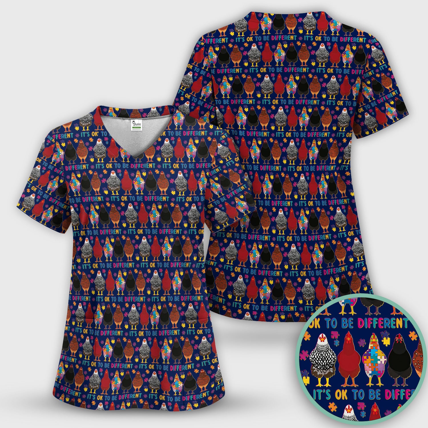 Autism Chicken It’s OK to Be Different Print Scrub Top, Comfortable Scrubs for Nurses