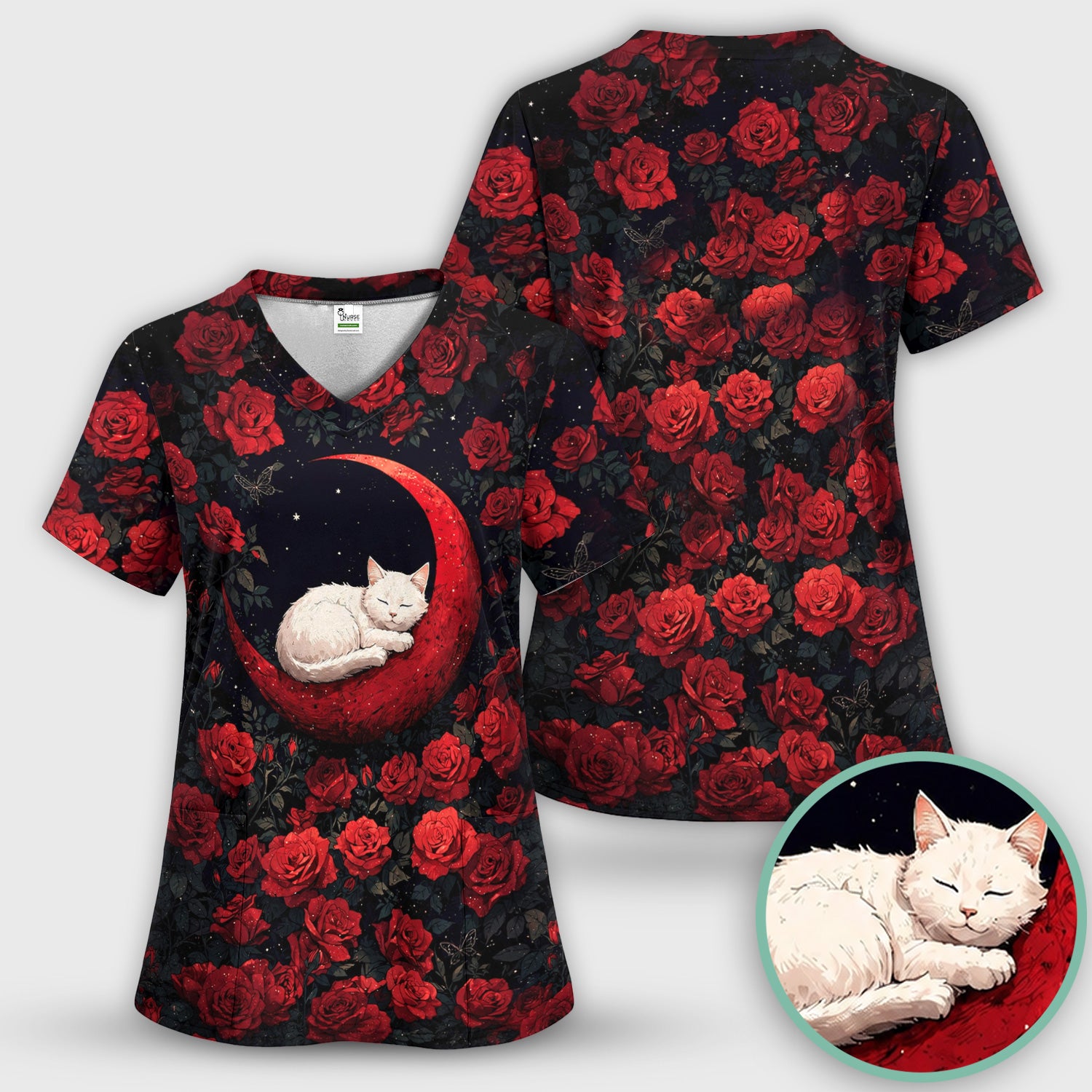 Gothic Red Moon Cat Nurse for Veterinary Staff, RN, CNA, Rose Medical Scrub Top, Comfortable Scrubs for Nurses