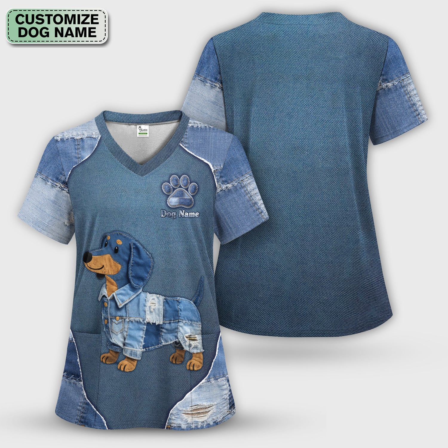 Custom Dog Name Denim Dachshund Print Scrub Top, Comfortable Scrubs for Nurses