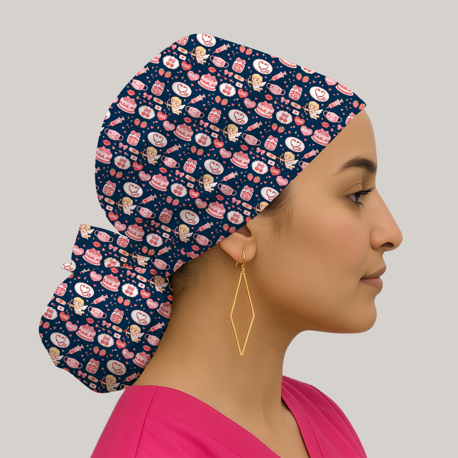 Cupid Nurse Scrub Cap, Cute Love Medical Pattern Hat For Valentine, Breathable Fabrics Nursing Uniform