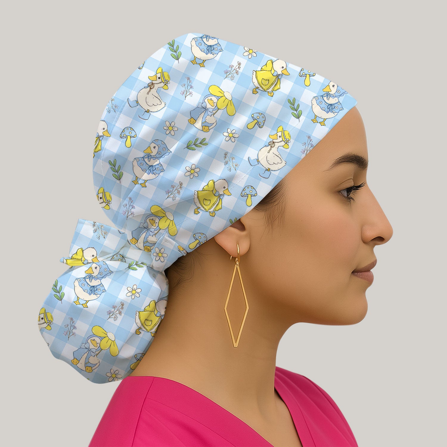 Cute Duck Outfit Gingham Pattern Scrub Cap, Bouffant Scrub Caps for Women