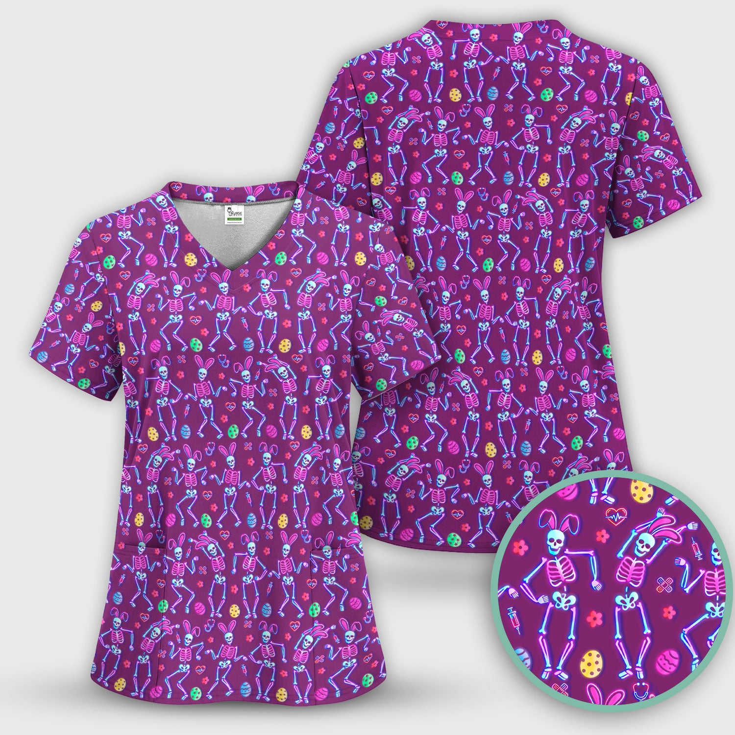 Neon Easter Skeleton Pattern Scrub Top, Comfortable Scrubs for Nurses