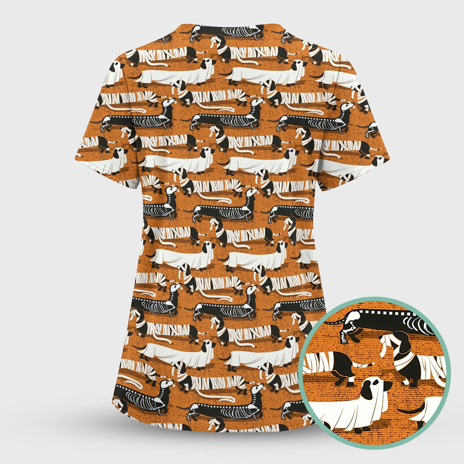 Dachshund Halloween Scrub Shirt - Multi Color Dog Print Scrub Top - Funny Skeleton Nurse Scrubs Gift for Women Men, CNA, RN