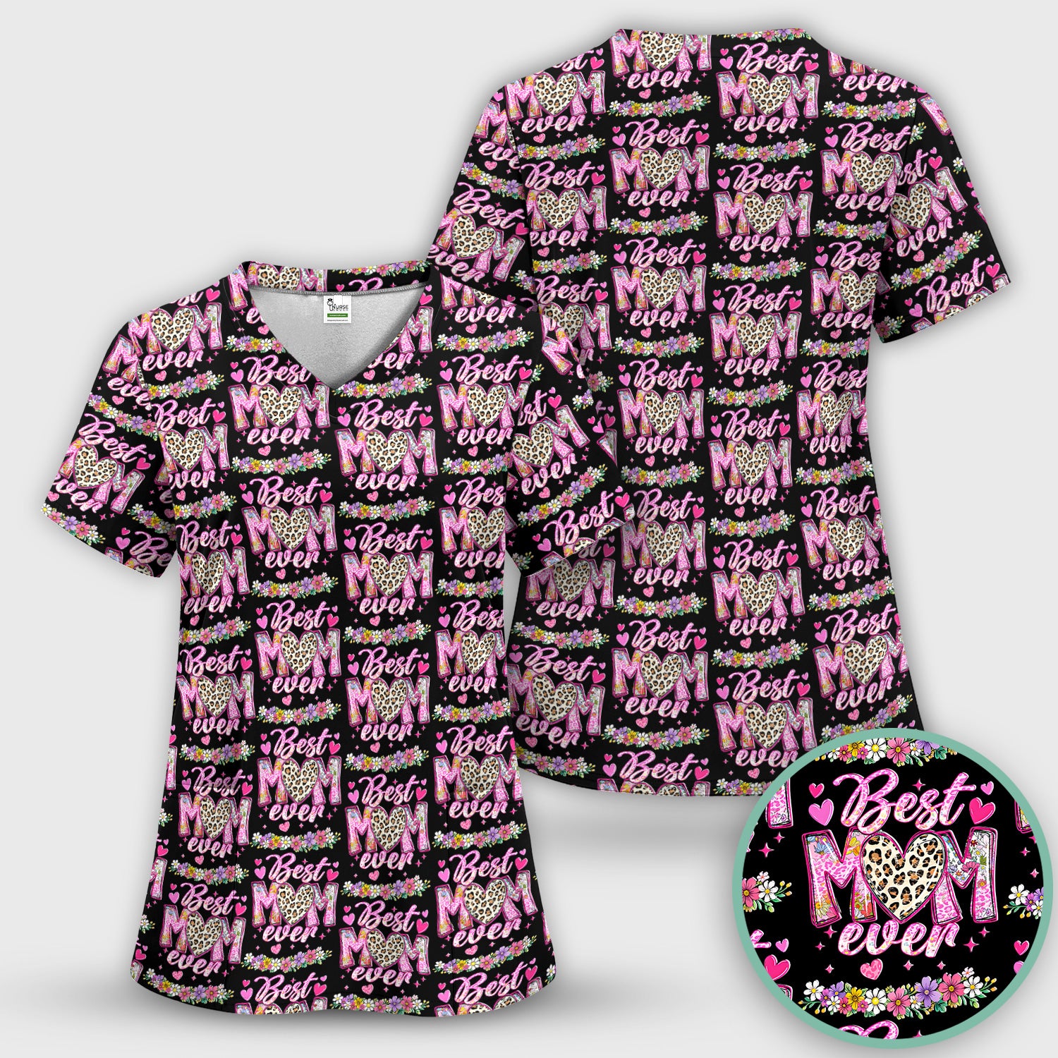 Best Mom Ever Leopard Heart Floral Pattern Scrub Set, Nurse Uniform Scrubs Set