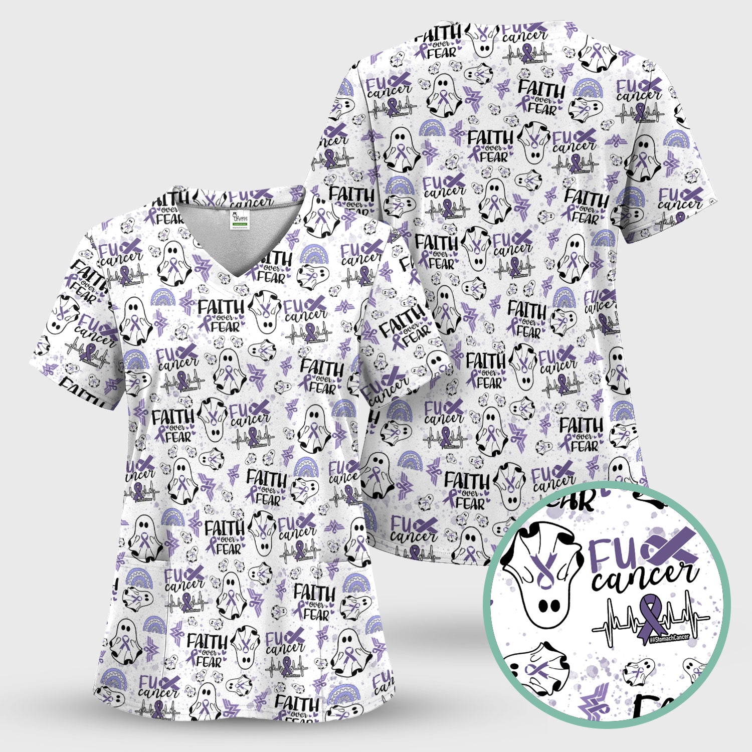 Stomach Cancer Awareness Scrub Top - Periwinkle Blue Ribbon Survivor Shirt - November Warrior Medical Uniform Gift for Women
