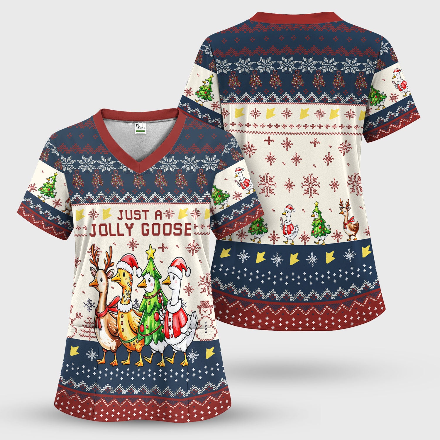 Funny Jolly Goose Christmas Scrub Top – Playful Holiday Goose Squad Pattern – Festive Medical Uniform for Nurses, Vets & Healthcare Workers