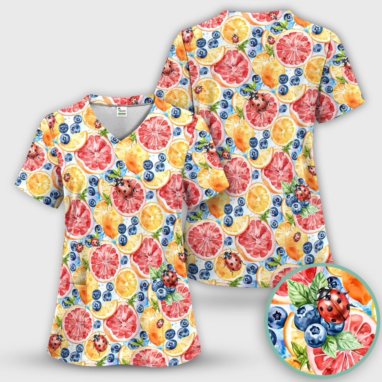 Cute Citrus Berry Ladybug Pattern Scrub Top, Comfortable Scrubs for Nurses