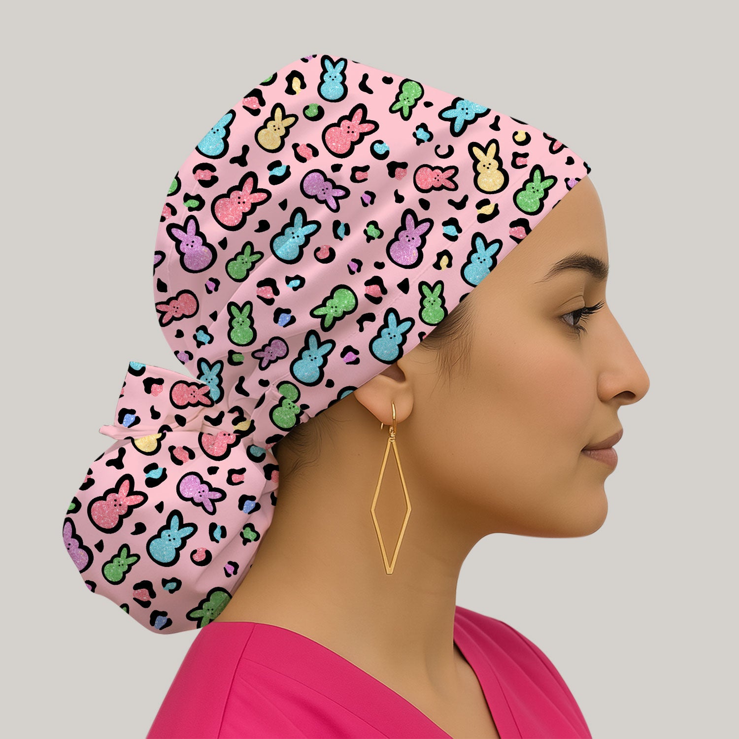 Cute Easter Bunny Pastel Pattern Print Cap, Bouffant Scrub Caps for Women
