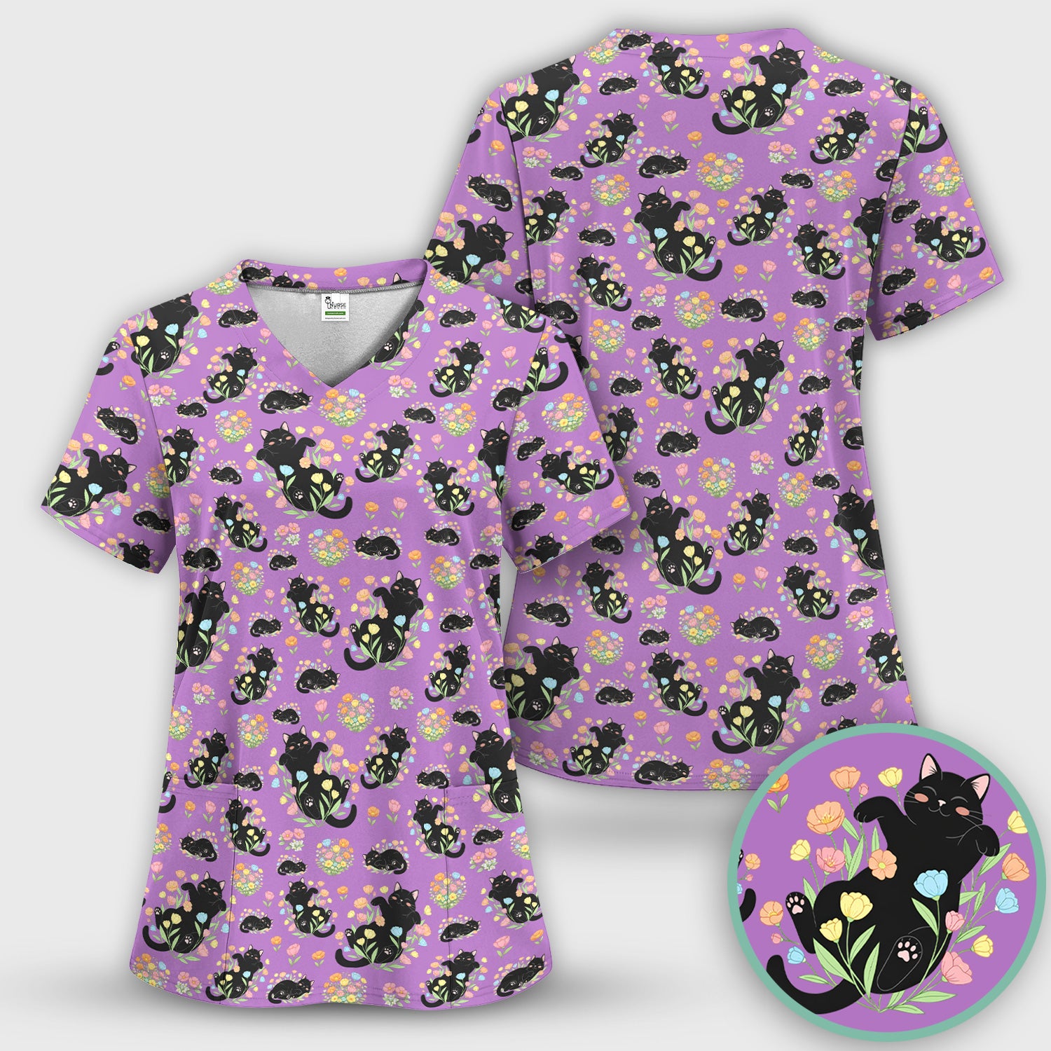 Cats With Cute Poses Floral Pattern Scrubs Top, Comfortable Scrubs for Nurses