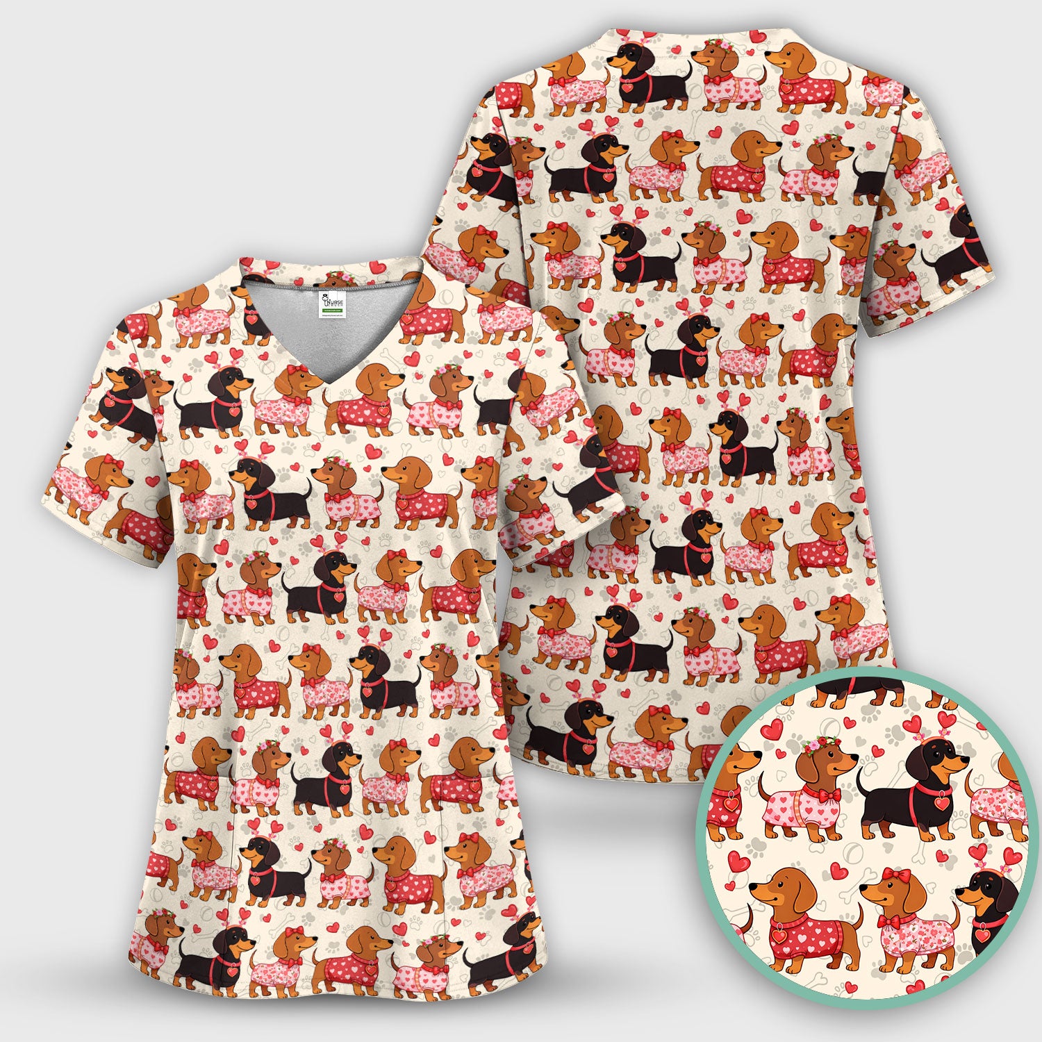 Valentine Dachshund Scrub Top, Wiener Dog Love Pattern Nurse Shirt, Breathable Fabrics Nursing Uniform