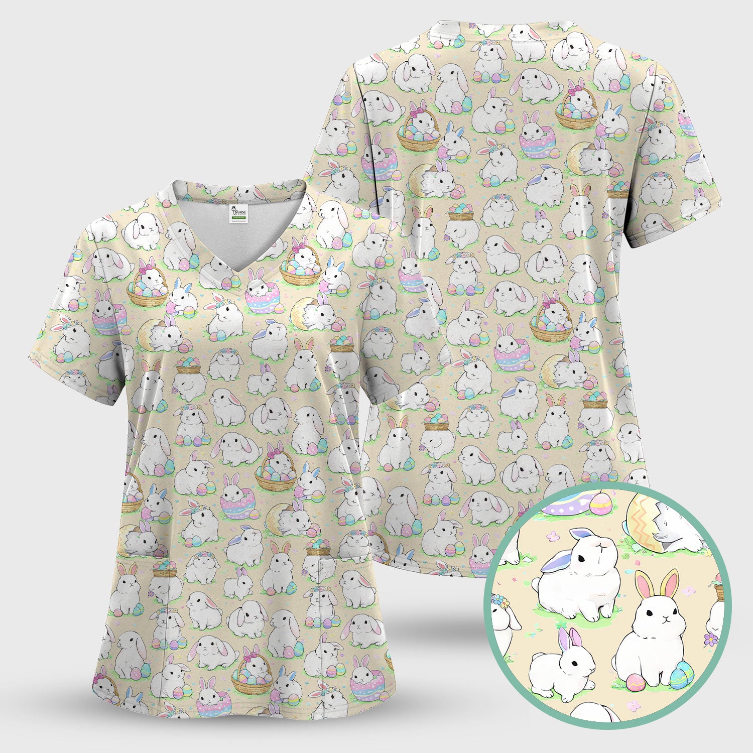 Cute Easter Bunny Egg Pattern Scrub Top, Comfortable Scrubs for Nurses