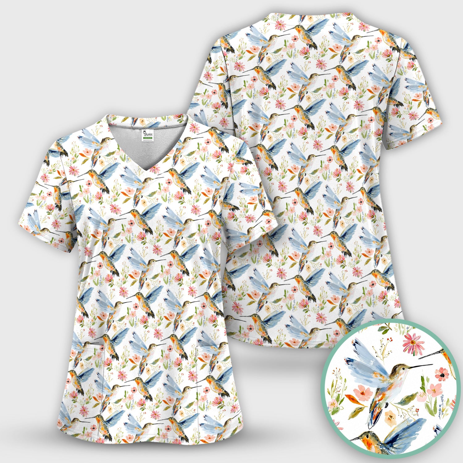 Watercolor Hummingbird Floral Pattern Scrub Set, Scrub Pants and V Neck Top