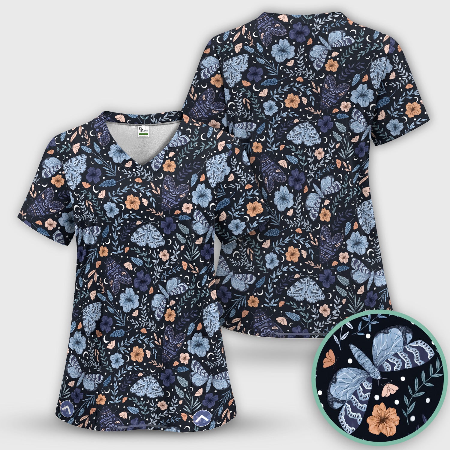 Charming Night Moth Butterfly Floral Pattern Scrub Top, Comfortable Scrubs for Nurses